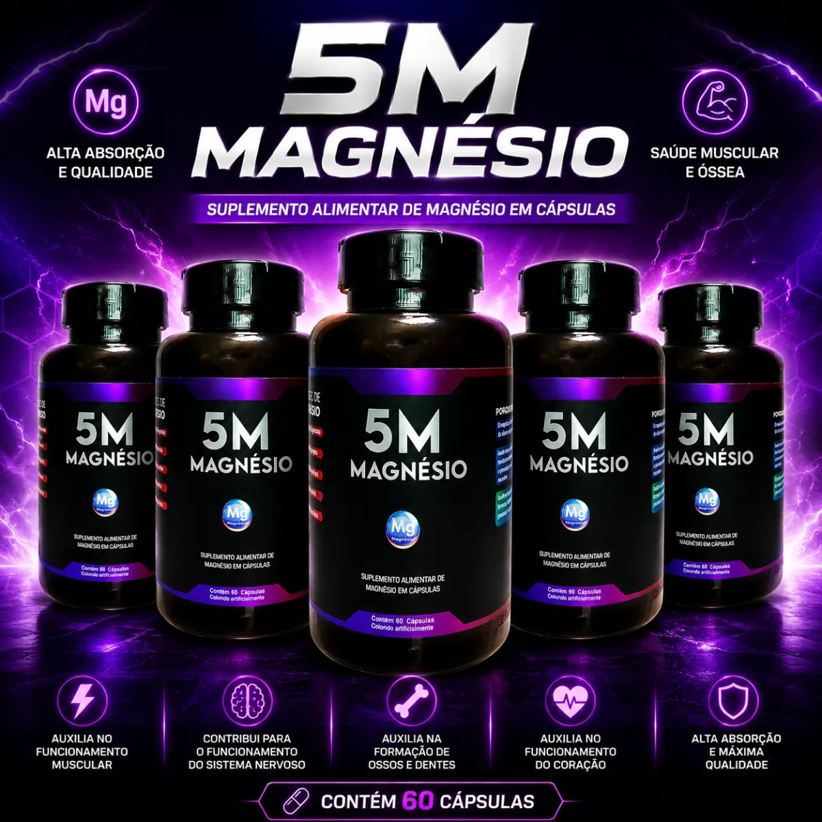COMBO FAMÍLIA MAGNÉSIO 5M COMPRE 5 PAGUE 4 - 5 UNIDADES 300 CÁPSULAS